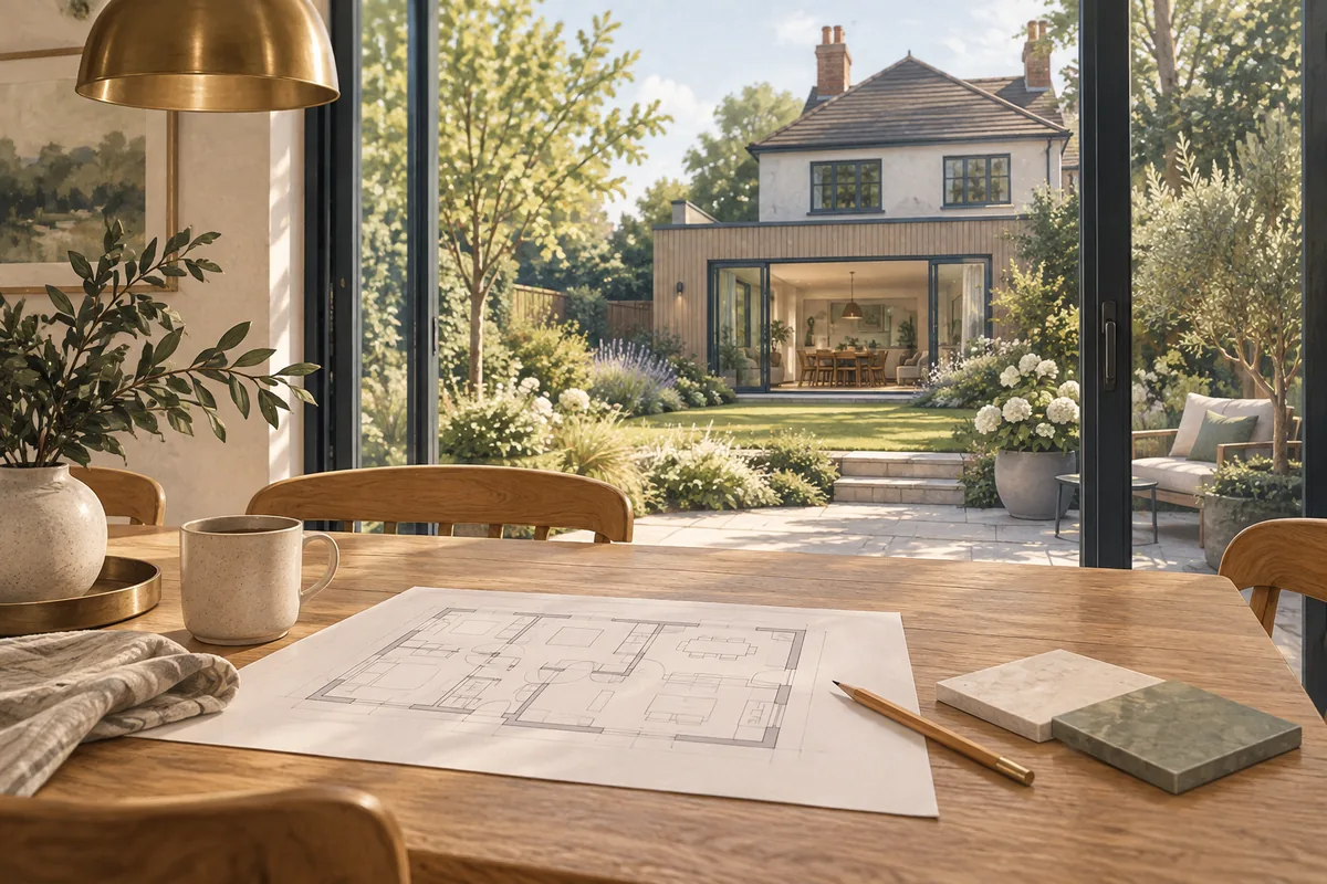 Illustration of a home overlooking a garden, with a renovation plan and material samples in the foreground.