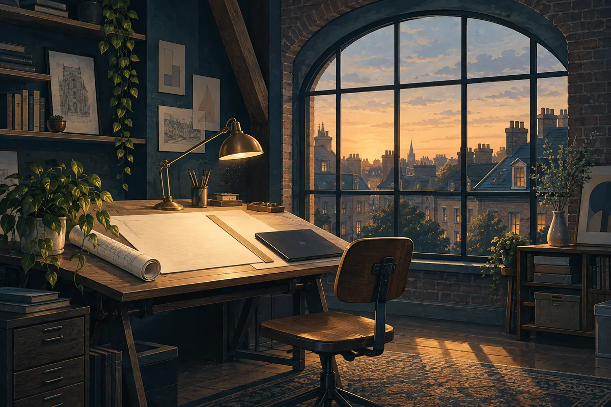 Illustration of an independent professional's drafting studio overlooking neighborhood rooftops.