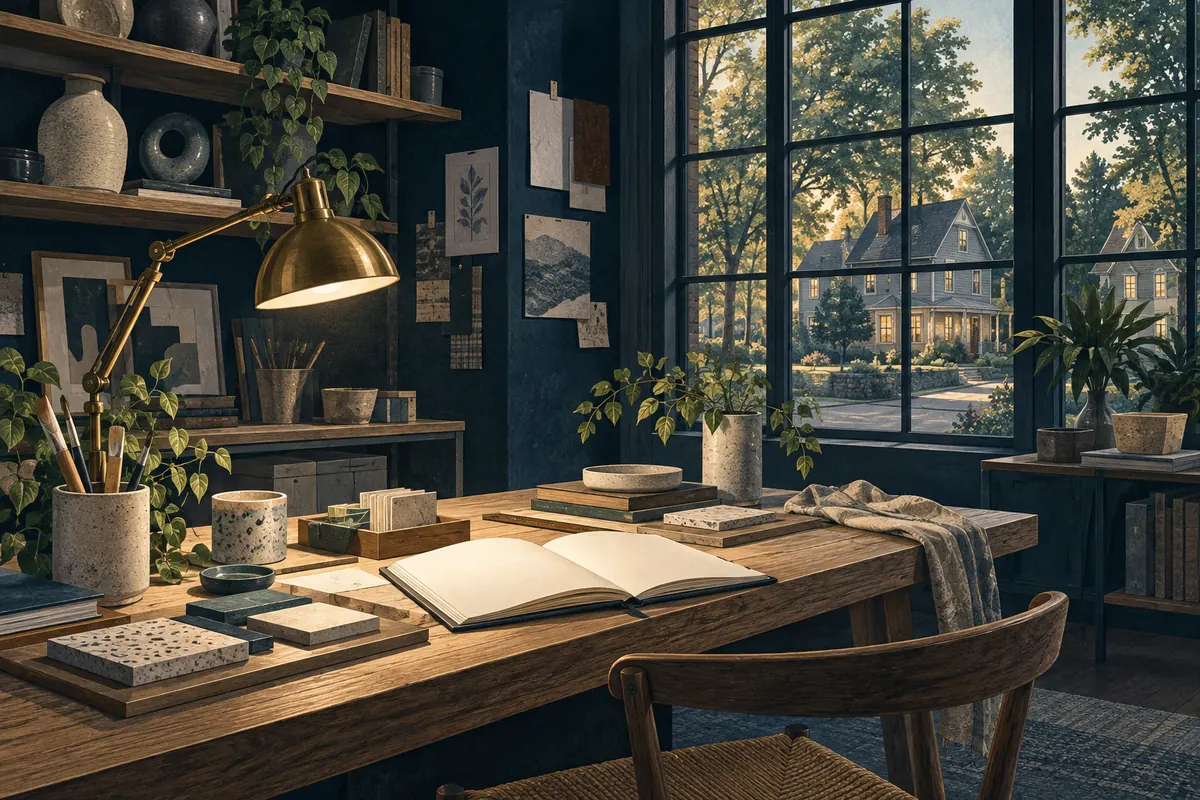 Illustration of a small-business studio with warm task lighting and homes beyond the window.