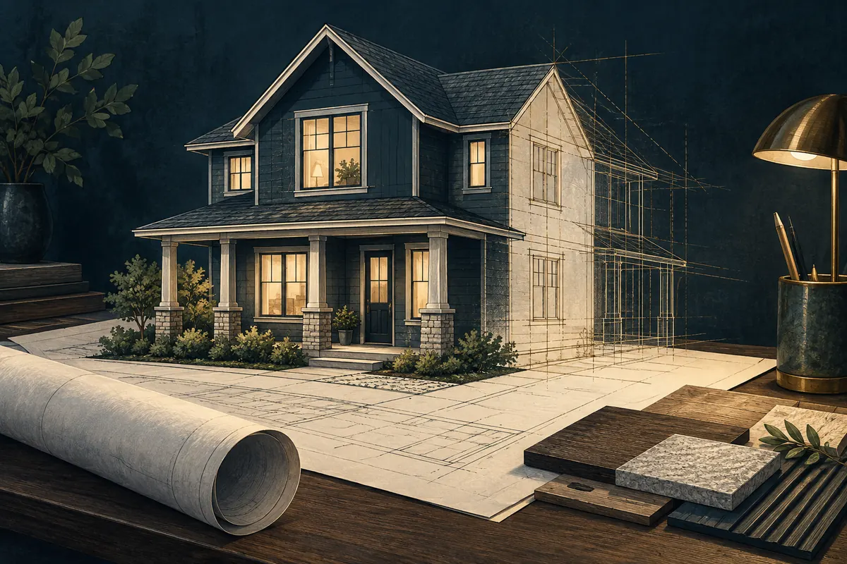 Illustration of one rental home transitioning from architectural planning lines into a finished structure.