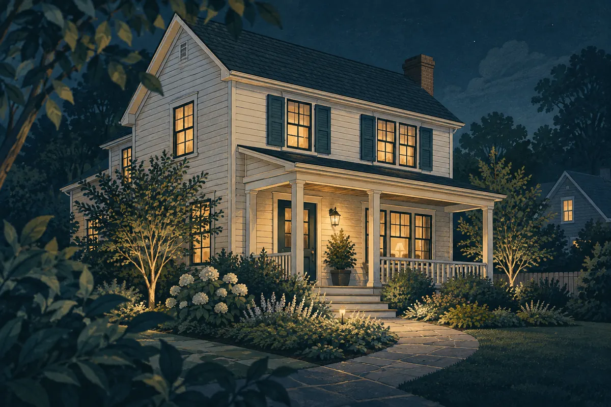 Illustration of a clapboard home with a front porch, garden and warmly lit windows.