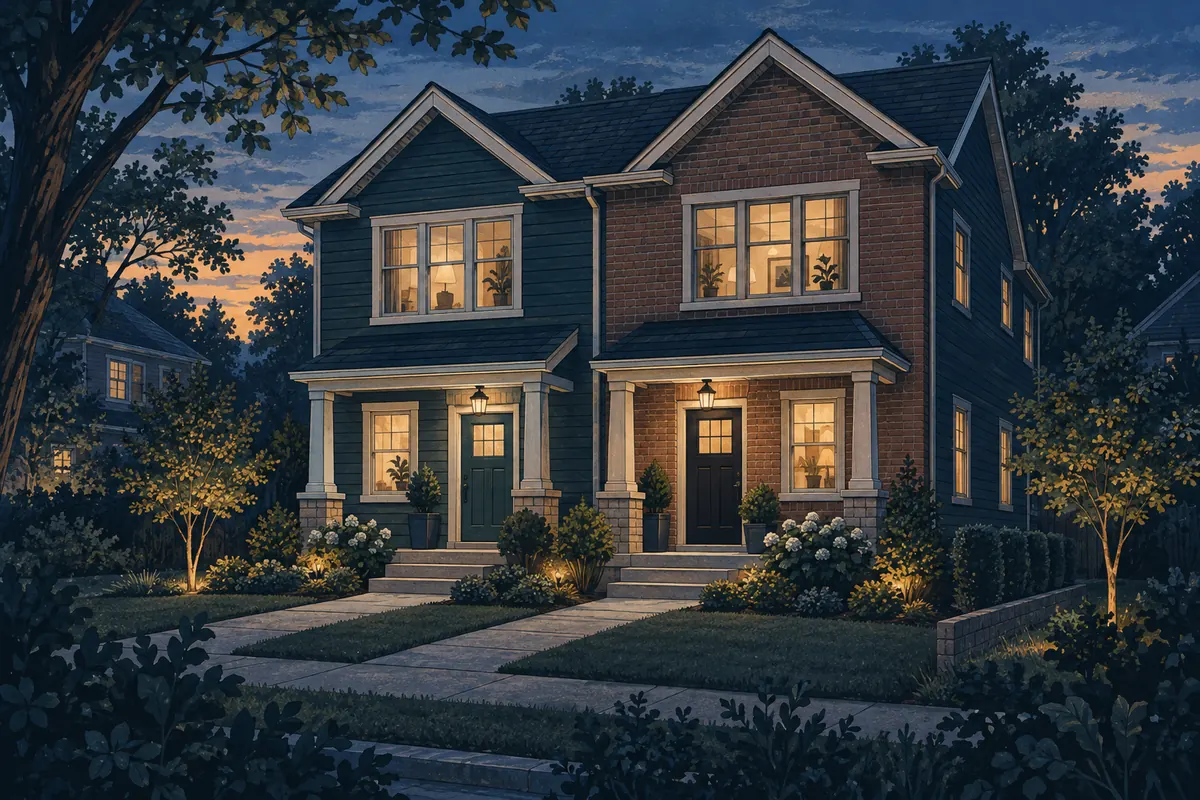 Illustration of a two-unit rental home with separate entrances and warm evening windows.