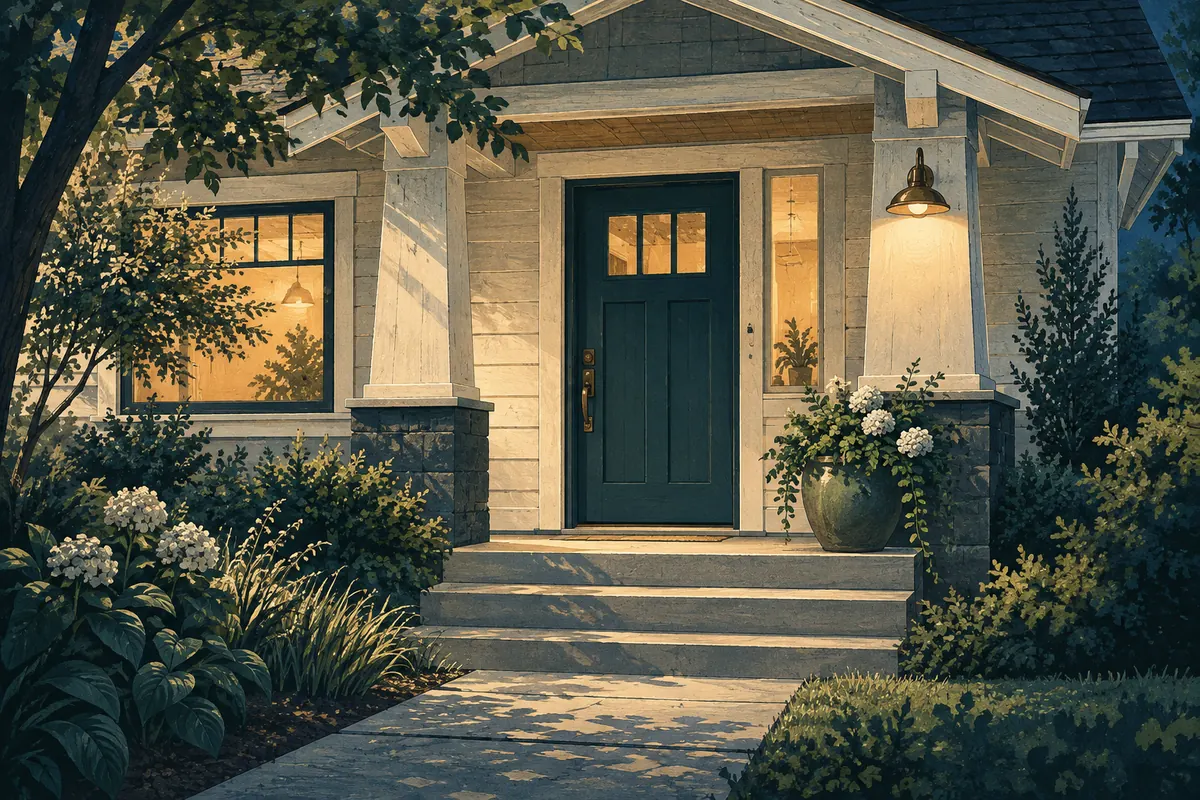 Illustration of a welcoming bungalow entrance with a porch lamp, planter and garden path.