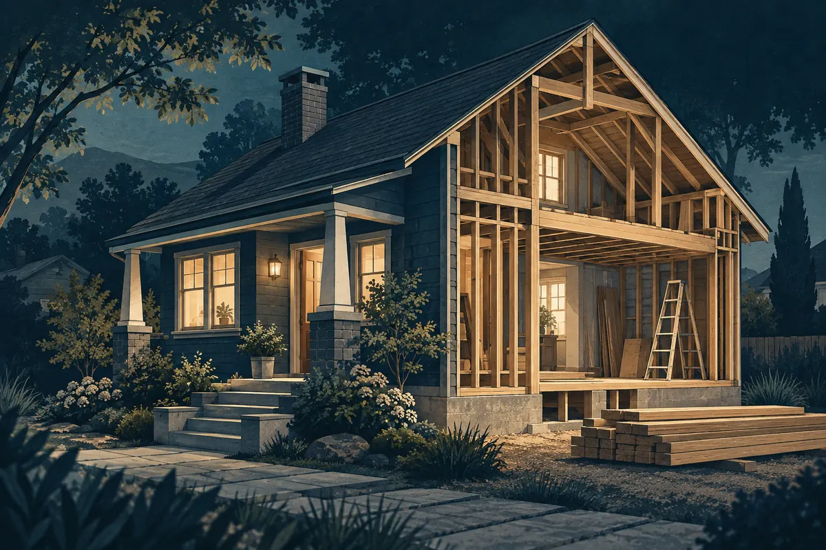 Illustration of a home renovation in progress, showing exposed framing, a ladder and building materials.