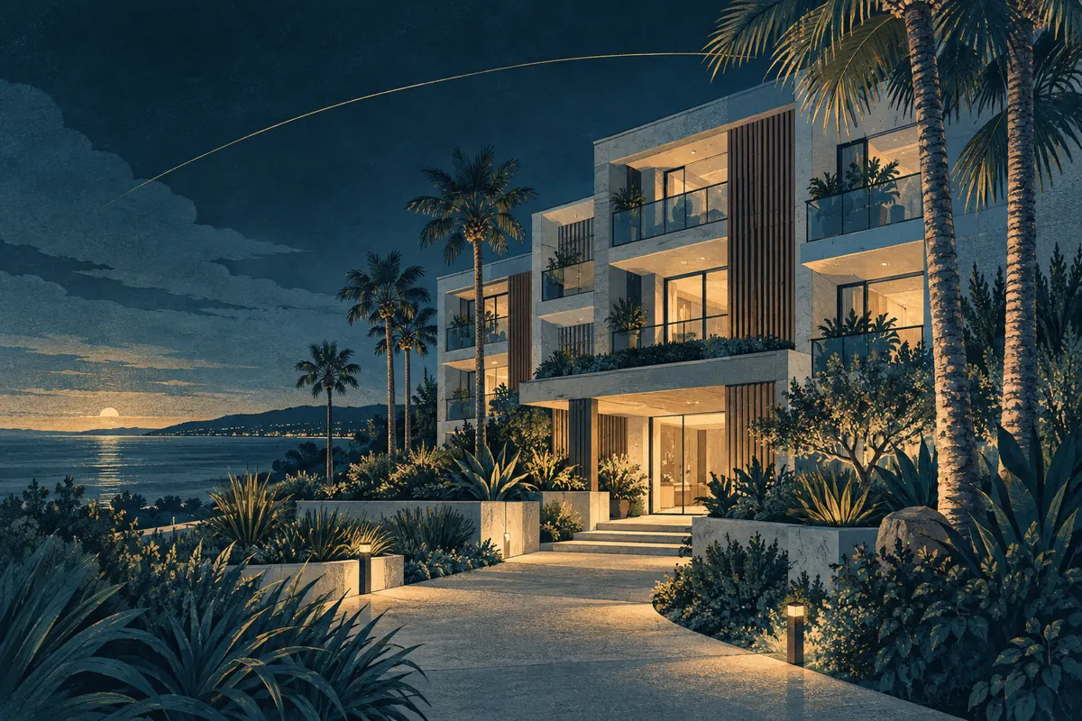 Illustration of a coastal U.S. condominium building with terraces and a warmly lit entrance.