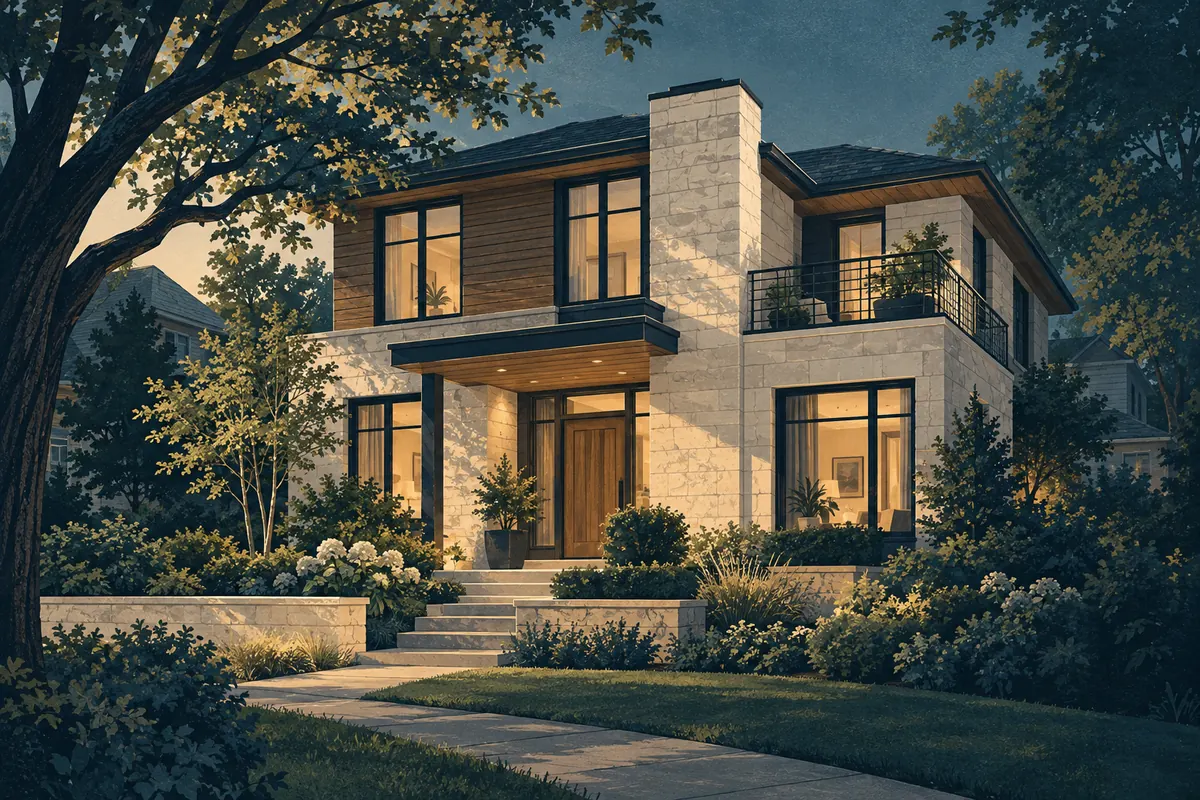 Illustration of a refined contemporary home with wood and stone details in a leafy neighborhood.