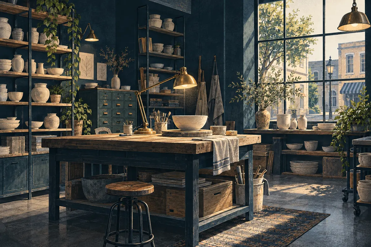 Illustration of an artisan workshop with a workbench, materials and finished ceramics.