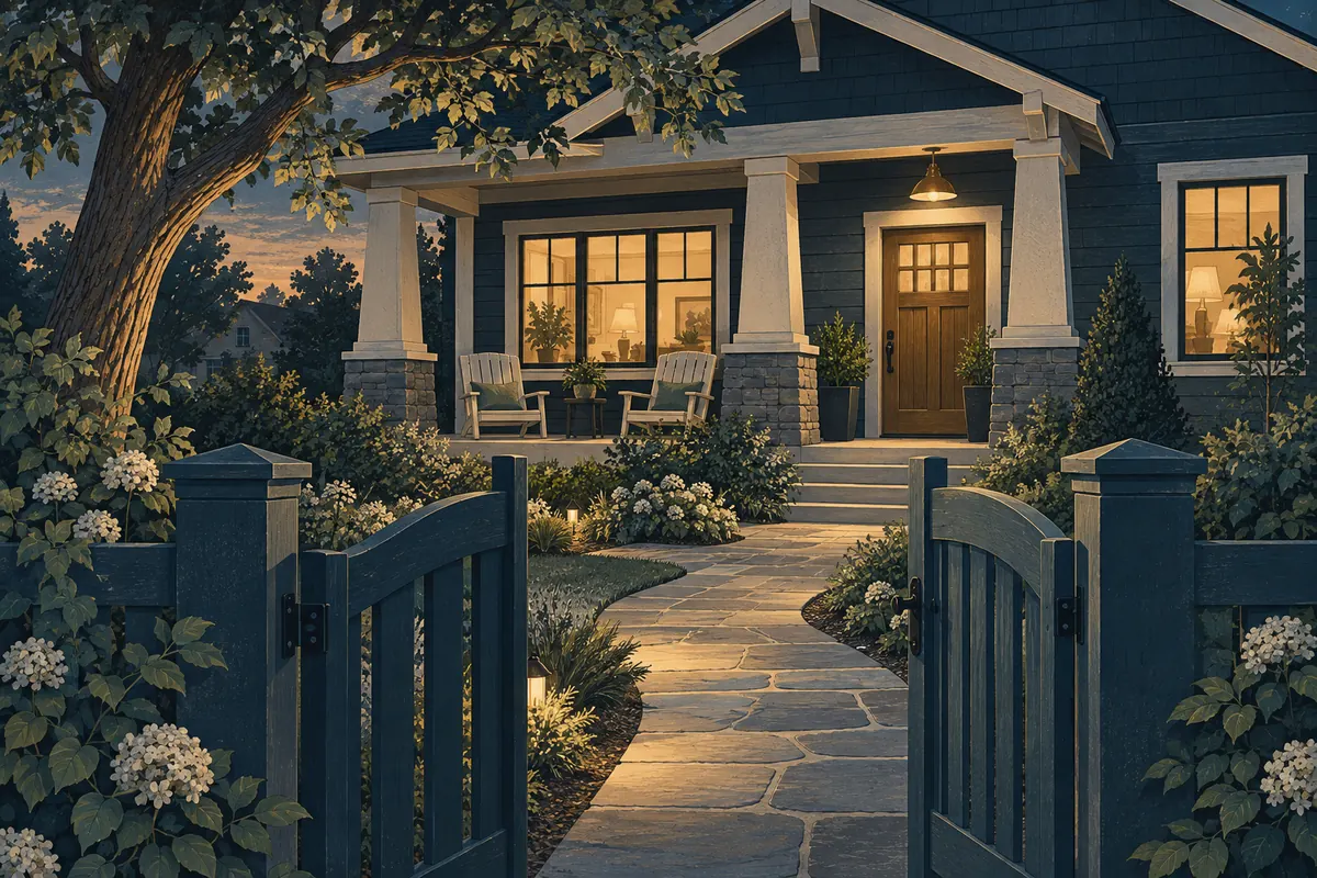 Illustration of a craftsman home's quiet porch with two chairs, warm windows and an open garden gate.