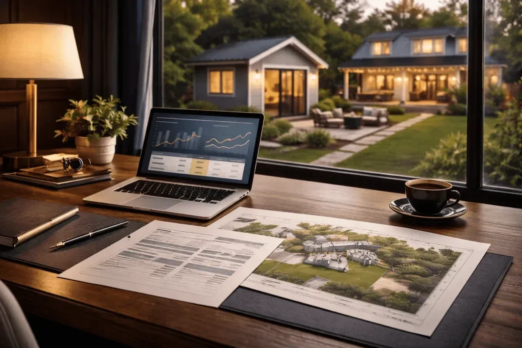 A workspace with a laptop and plans overlooking a garden and home